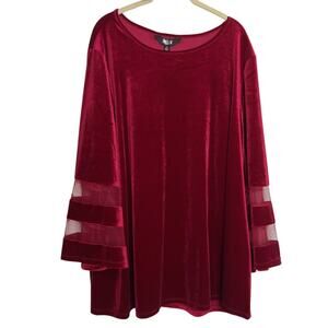 Slim Factor Investments Womens Velvet Tunic Top 2X Red Bell Sleeve Sheer Insets